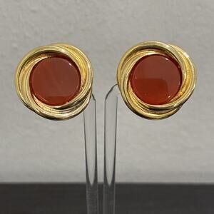 Vintage Signed Donald Stannard Clip On Earrings Gold Swirl Orange Glass Cabochon